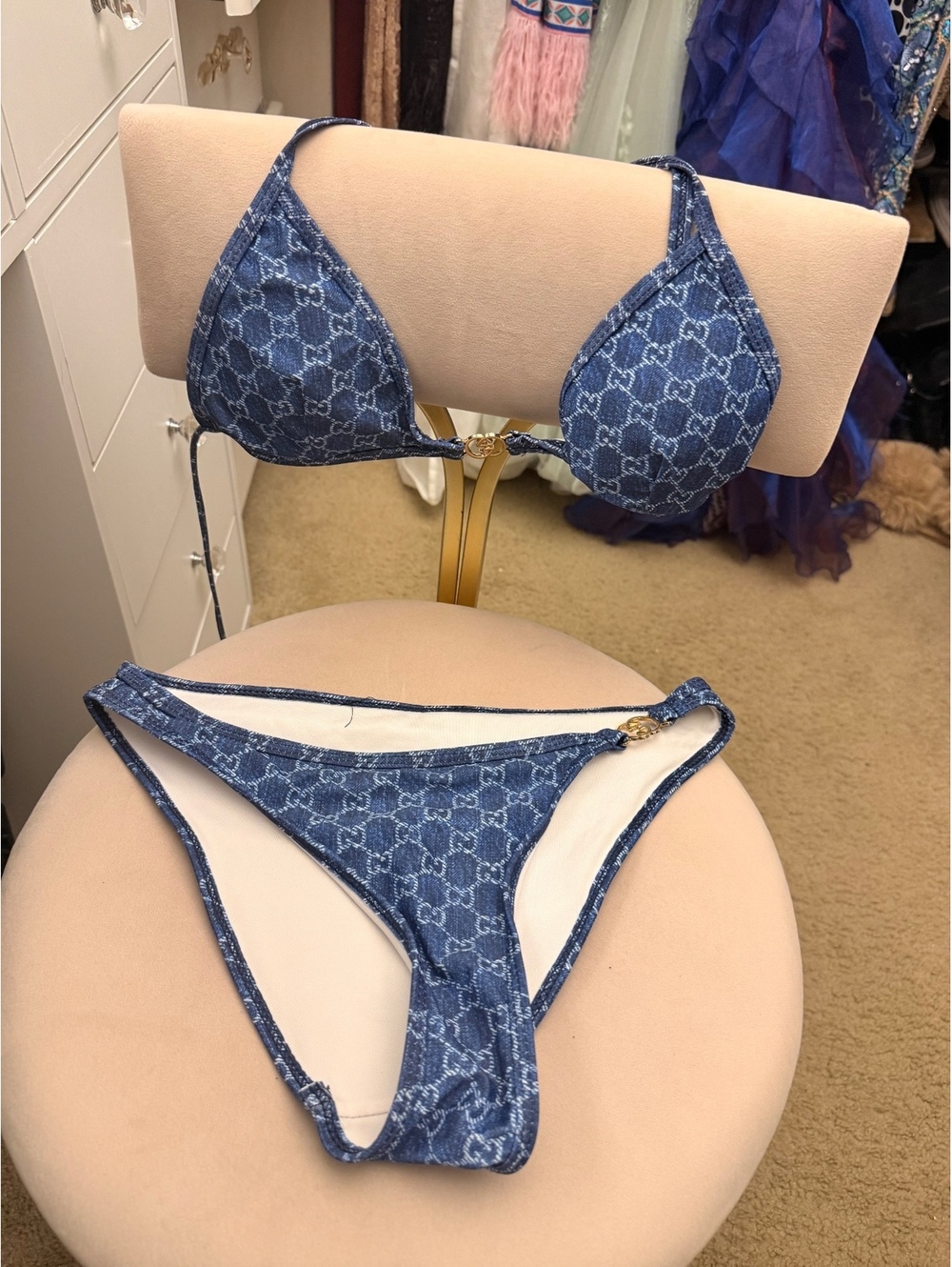 Gucci Blue GG Denim Print Bikini Set with Gold Logo Accents